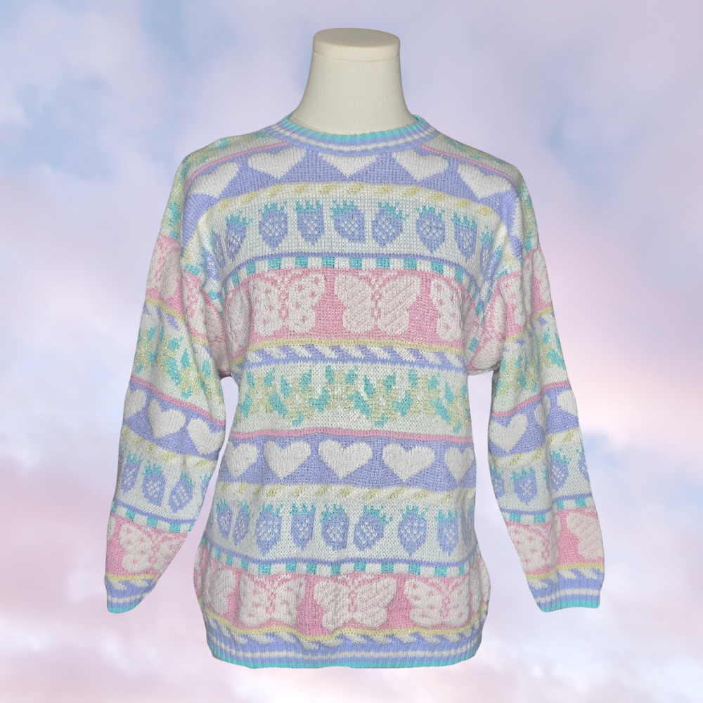 Vintage Pastel Heart Rabbits Floral Metallic Lurex Novelty Knit Sweater Made USA